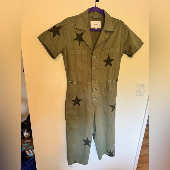 NEW Pistola Grover Jumpsuit Royal Honor Green Denim Stars Size XS NWOT - Picture 4 of 10